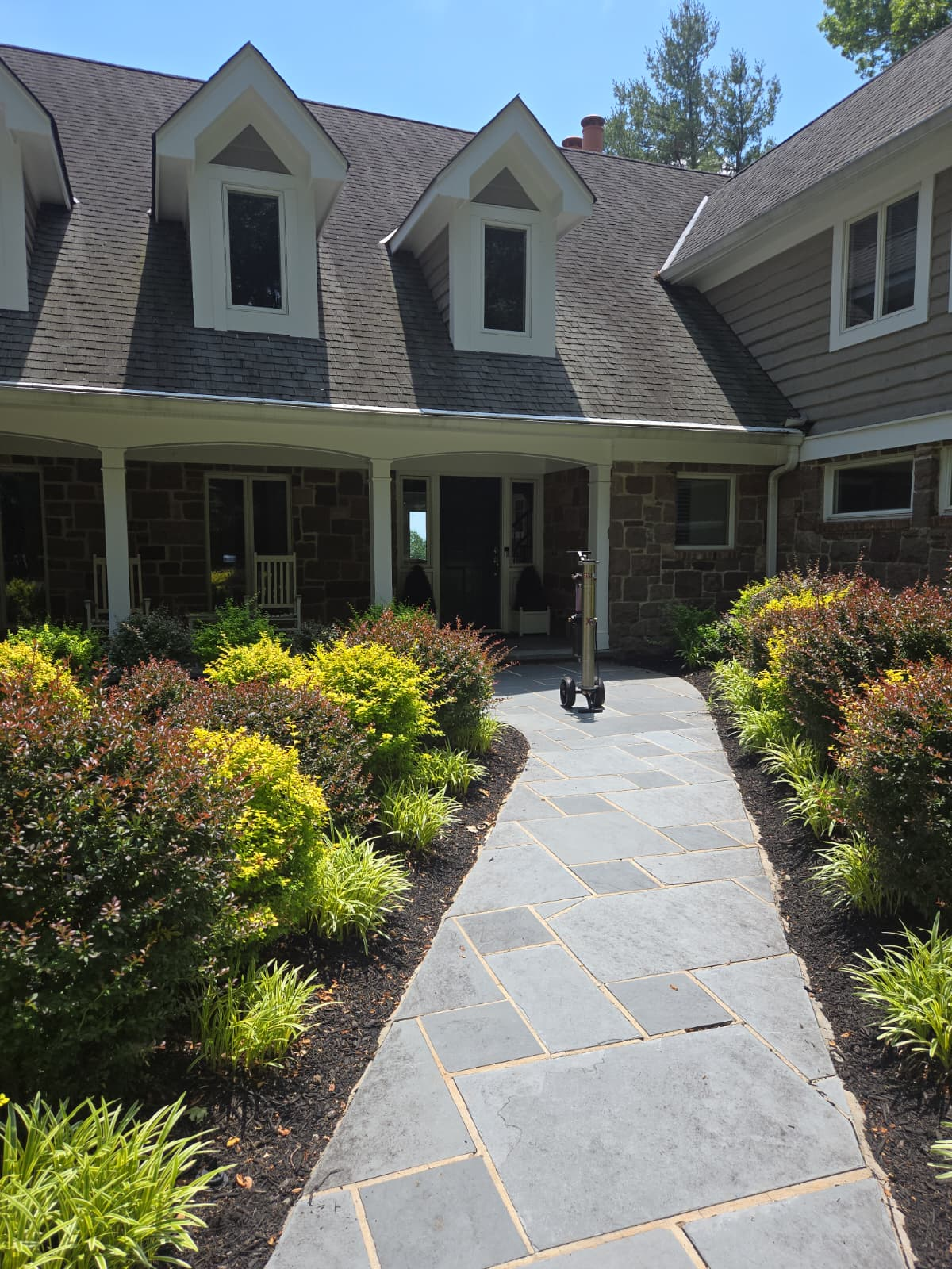 Stone walkway cleaning result leading to front entrance